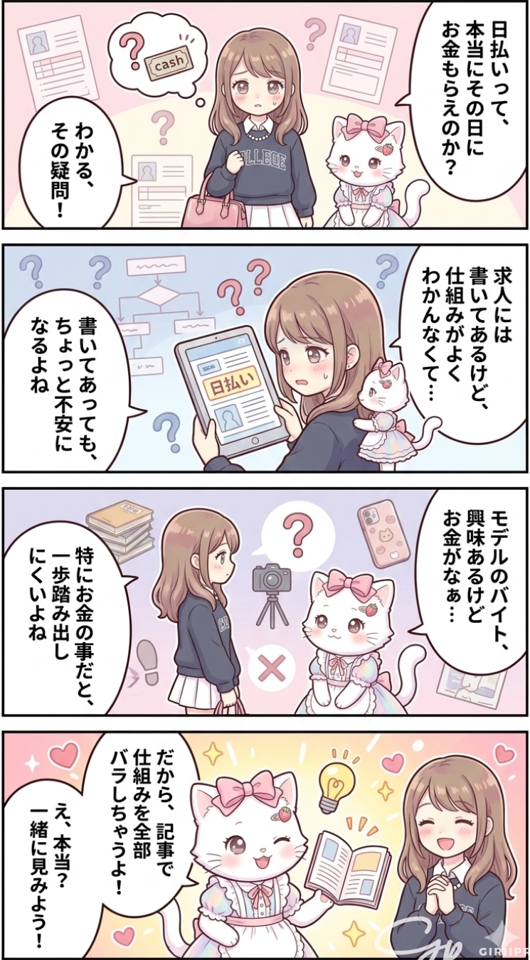 「日払いって、本当にその日にもらえるの？」と思ったことはありませんか。求人サイトや募集ページを見ていると、「日払い対応」「その日払い」という言葉はよく目にします。でも、実際にどんな仕組みで成り立っているのか、ちゃんと説明されているページはあまり多くありません。「書いてあるけど、本当かな」と感じるのは、むしろ自然な反応だと思います。撮影会モデルのバイトに興味を持ちながらも、報酬の受け取り方がよくわからないまま、なんとなく調べ続けている方も少なくないようです。特に初めての場合は、お金の流れが見えないと、どんなに条件が良さそうでも一歩踏み出しにくいですよね。この記事では、撮影会モデルのバイトで「お仕事した日に報酬が受け取れる」仕組みについて、なぜそれが可能なのか、当日の流れはどうなっているのかを順番に整理しています。選ぶかどうかはひとまず置いておいて、まず仕組みを知っておくと、判断がぐっと楽になるはずです。一緒に確認していきましょう。